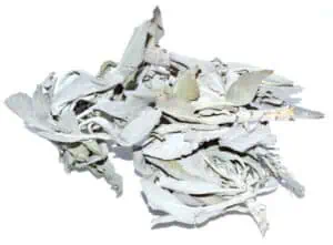 A bundle of dried white sage leaves, used in spiritual cleansing and rituals within Celtic and natur.