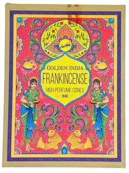 Incense package with vibrant colors and traditional design elements.
