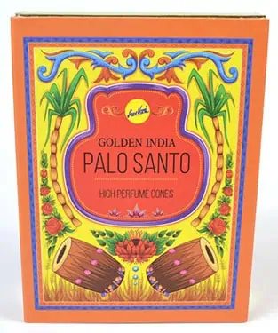 Incense box labeled "Golden India Palo Santo" with colorful floral and plant designs.