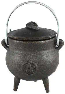 Cauldron with pentagram symbol, made of dark metal, with a handle and three legs.