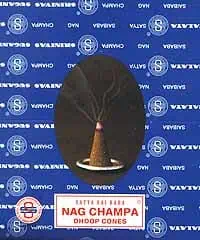 Dried Nag Champa incense cone on a blue background with white logos.
