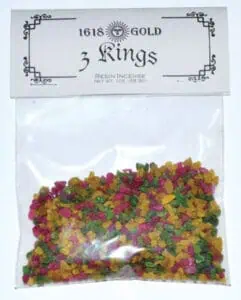 Resin incense package labeled "3 Kings" with decorative border and sun symbol.