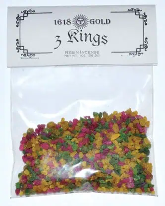 Resin incense package labeled "3 Kings" with decorative border and sun symbol.