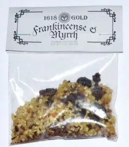 Image of frankincense and myrrh resin incense in a clear plastic bag.