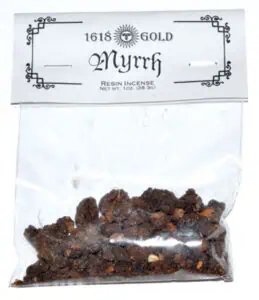 Resin incense in a clear plastic bag with a white label.