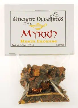 Small package of resin incense labeled "Myrrh" for Celtic spiritual practices.