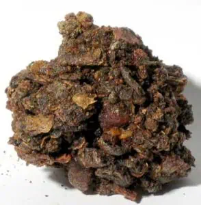 Close-up of a dark, textured earthy rock, emphasizing natural mineral formations.