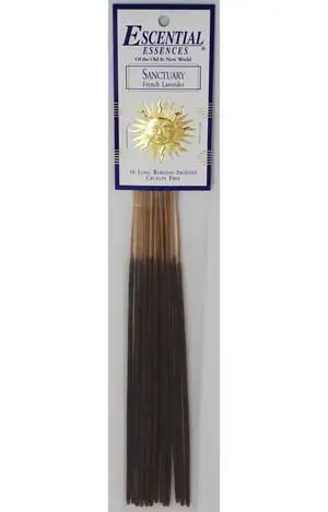 Incense sticks labeled "Sanctuary" with a sun and moon design, used in Celtic spiritual rituals.