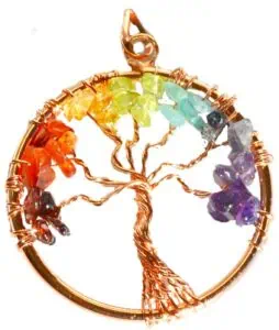 Tree of Life pendant with multicolored gemstones, copper wire wrapping, and a circular frame.