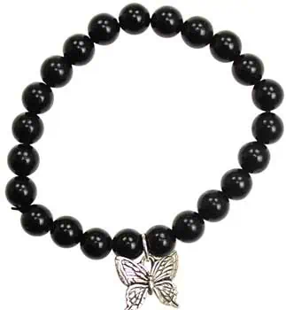 Bracelet with black beads and a butterfly pendant.