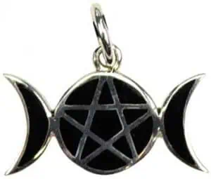 Silver triple moon pendant with pentagram, symbolizing Celtic spirituality and nature.