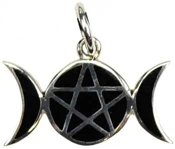 Silver triple moon pendant with pentagram, symbolizing Celtic spirituality and nature.