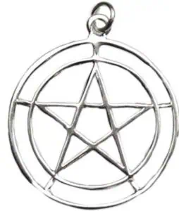 Pendant featuring a pentagram symbol enclosed in a circle, made of silver or similar metal.