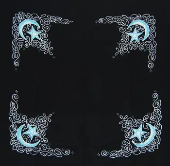 Decorative Celtic-inspired moon and star motifs with intricate swirling designs.