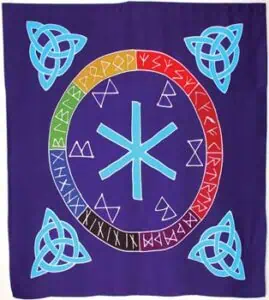 Banner featuring Celtic ogham symbols and triquetra knots on a purple background.