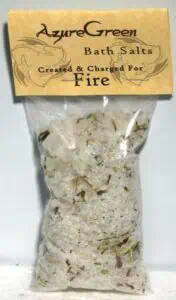 Bag of bath salts with herbs, labeled for fire-themed relaxation and cleansing.