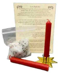 Celtic spirituality love bath kit with candles, herbs, and instructions for ritual use.