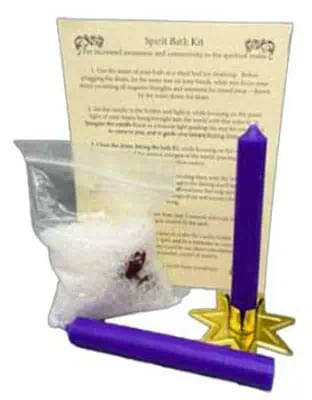 Modern Celtic spiritual bath kit with candle, herbs, and instructions for ritual use.