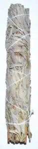 A bundle of dried white sage tied with string, used in spiritual practices.