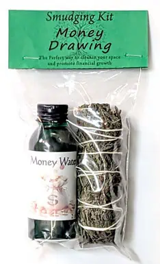 A small herbal smudging kit with a bundle of dried herbs and a money water vial for Celtic spiritual.