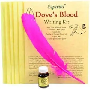 Vintage writing kit with pink feather quill, ink bottle, and parchment paper for Celtic-inspired cal.