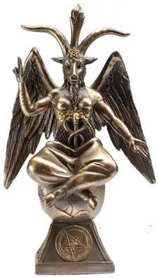 Statue of a female figure with horns, wings, and a pentagram base, symbolizing Celtic spirituality a.