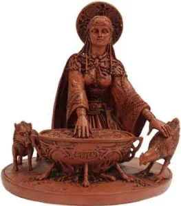 Cerridewen wooden sculpture with animals, embodying Celtic spirituality and reverence for nature.