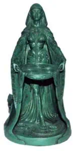 Statue of a Celtic goddess holding a basin, symbolizing nature and spiritual connection.