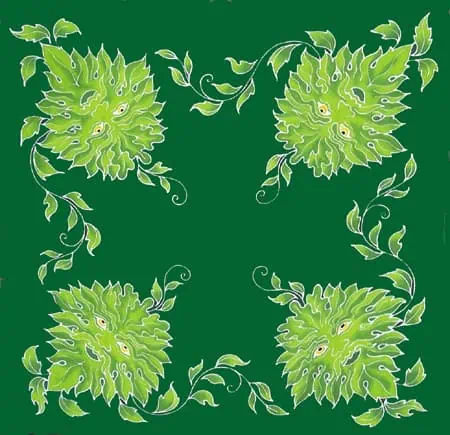 Symmetrical green leafy pattern with swirling vines on a dark green background, inspired by Celtic m.